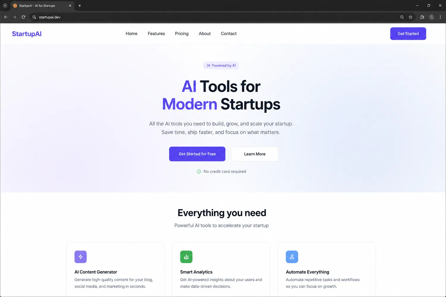 Generic AI-builder landing page template, the before state