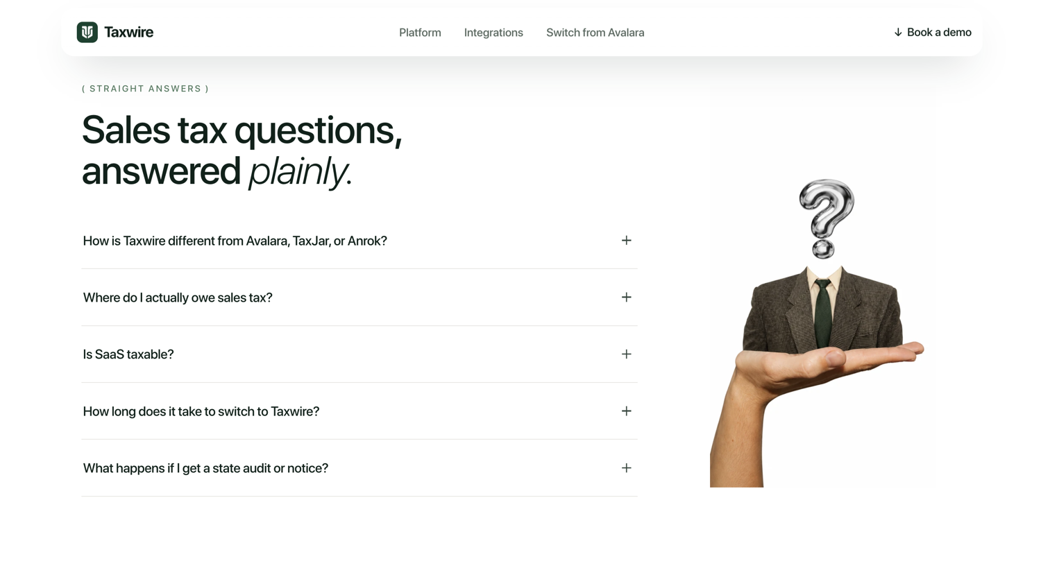 Taxwire sales tax software FAQ page, designed and built by Layerstop